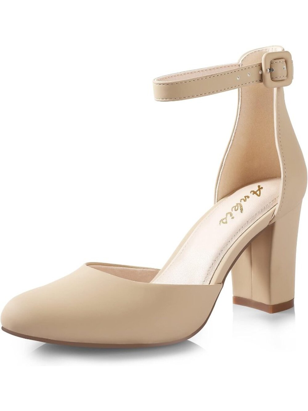 Women's Nude Closed Round Toe Chunky Block Heels Adjustable Ankle Strap Pumps